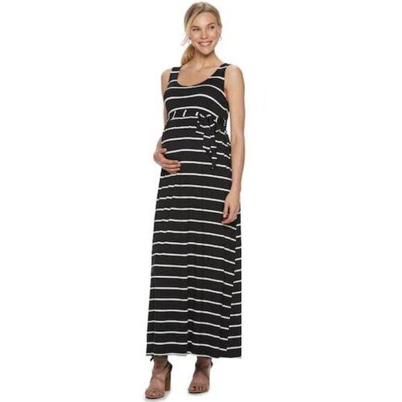 Maternity Medium Maxi Dress Black & White Stripe Sleeveless Scoop Neck Tie NEW - Picture 1 of 13